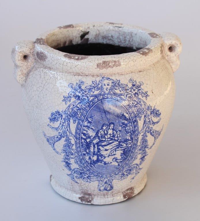 Blue & White Distressed Fat Jar With Handles